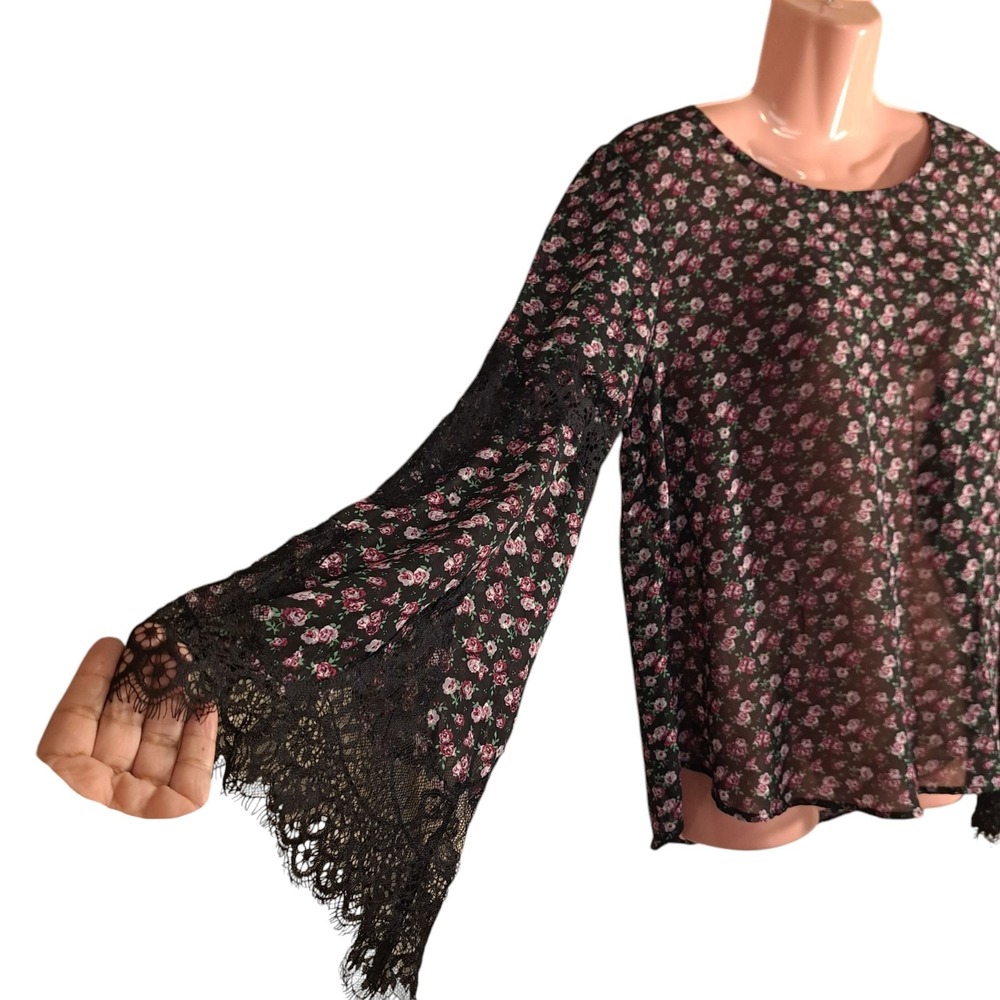 G‎ Collection Women's Floral Sheer Black Top/Blouse Size L 3/4 Sleeve With Lace